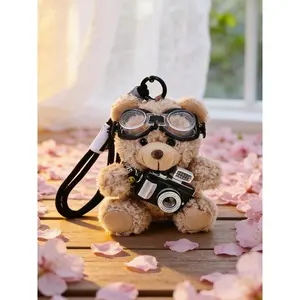 Cute Shiny Camera Bear Plush Keychain Kawaii Couple Key Ring Bag Charm Soft Creative Birthday Gift Accessory Portable Decoration All-Season Use Safe for Use
