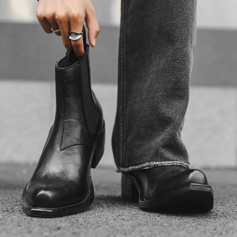 Mens Leather Chelsea Boots Pointed Chisel Toe Cuban Heel Slip On Ankle Boots Block High Heel Height Increasing Avant Garde Gothic Punk Rock Western Y2K Streetwear Footwear