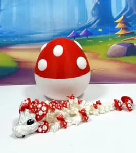 Articulated Dragon and Egg, 3D Printed White and Red Mushroom Baby Dragon, 6 Inches Fidget ADHD Autism Toy, Stress Relief Toy