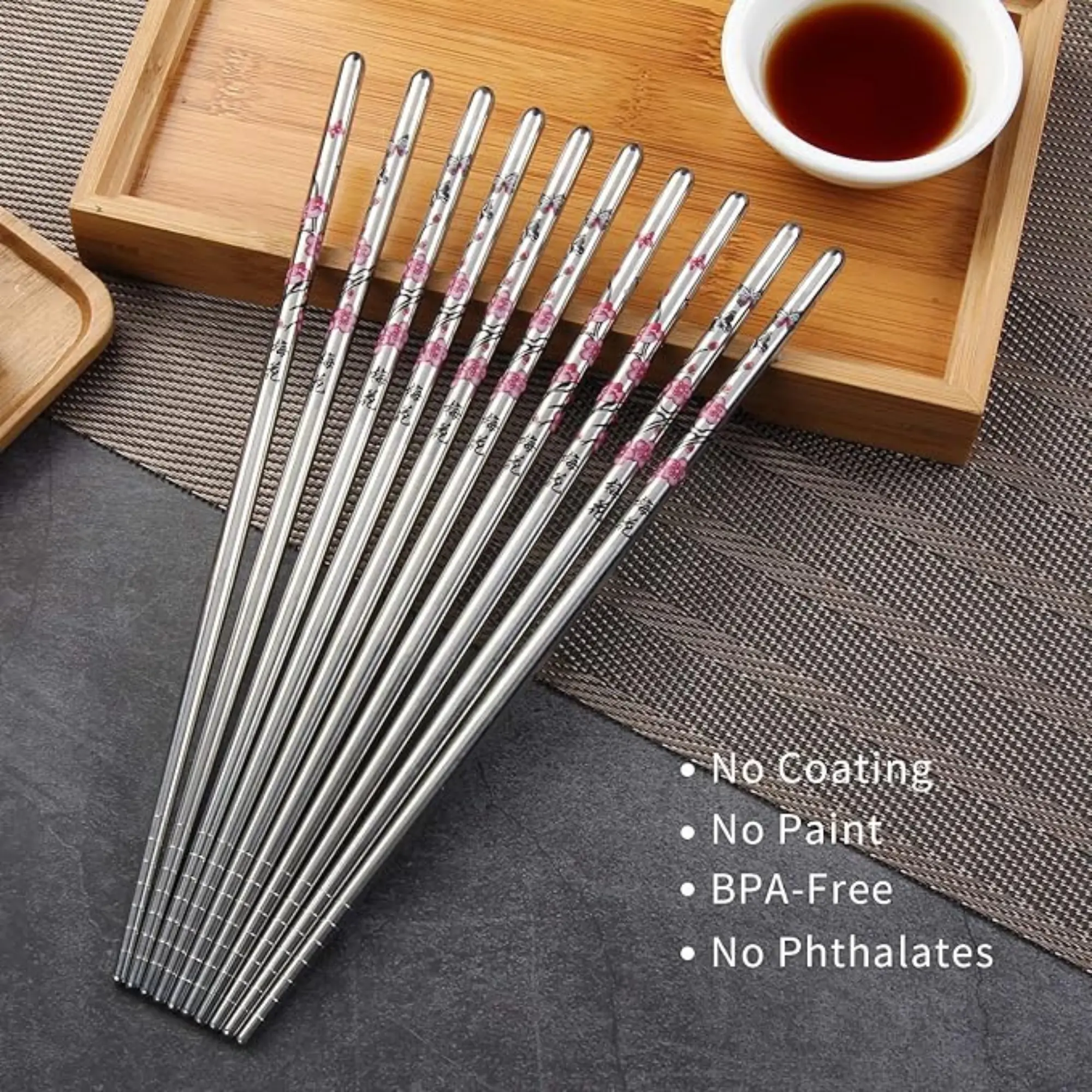 Stainless Steel Chopsticks, Metal Alloy Chopstick, Reusable Non-slip Design Chop Sticks, 5 Pairs Gift Set,Plum Pattern Design Cutlery Tableware