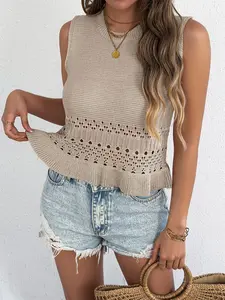 Summer Round Neck Sleeveless Hollow Out Fitted Crop Top, Casual Vacation Plain Knit Shirt for Women, Ladies' Fashionable Blouse Womenswear