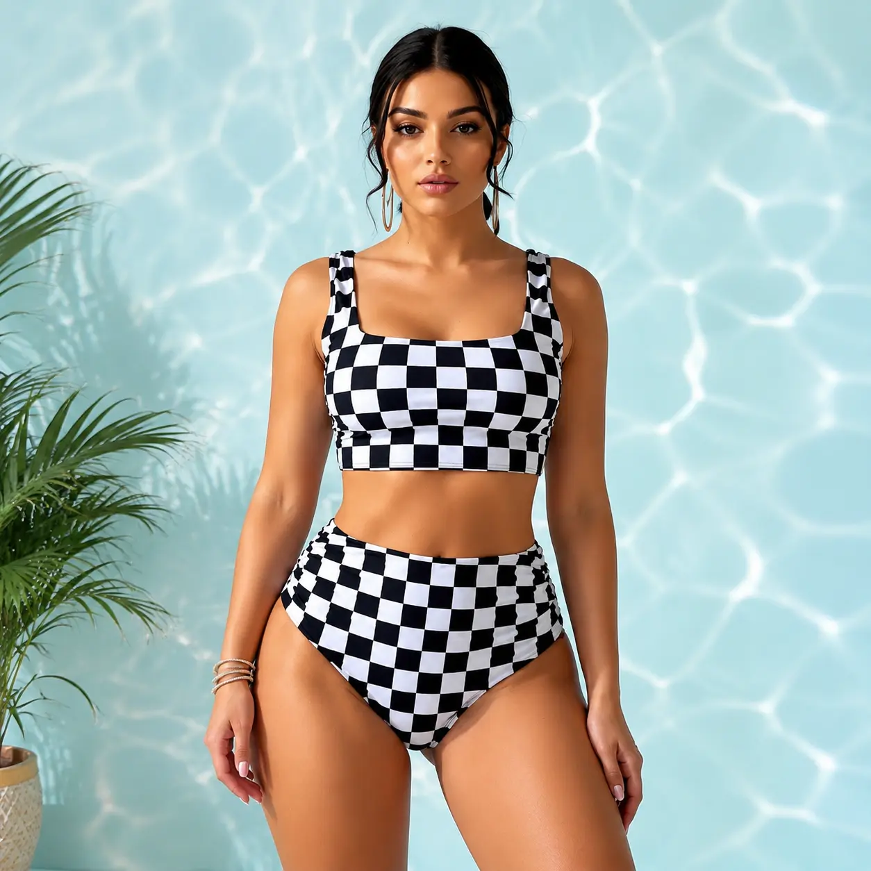 Black White Checkerboard High Waist Bikini Set Two Piece Swimsuit with Square Neck Wide Strap Crop Swim Top and High Cut Bottom Modern Resort Beach Vacation Swimwear for Women Graphic Check Print Summer Poolside Set