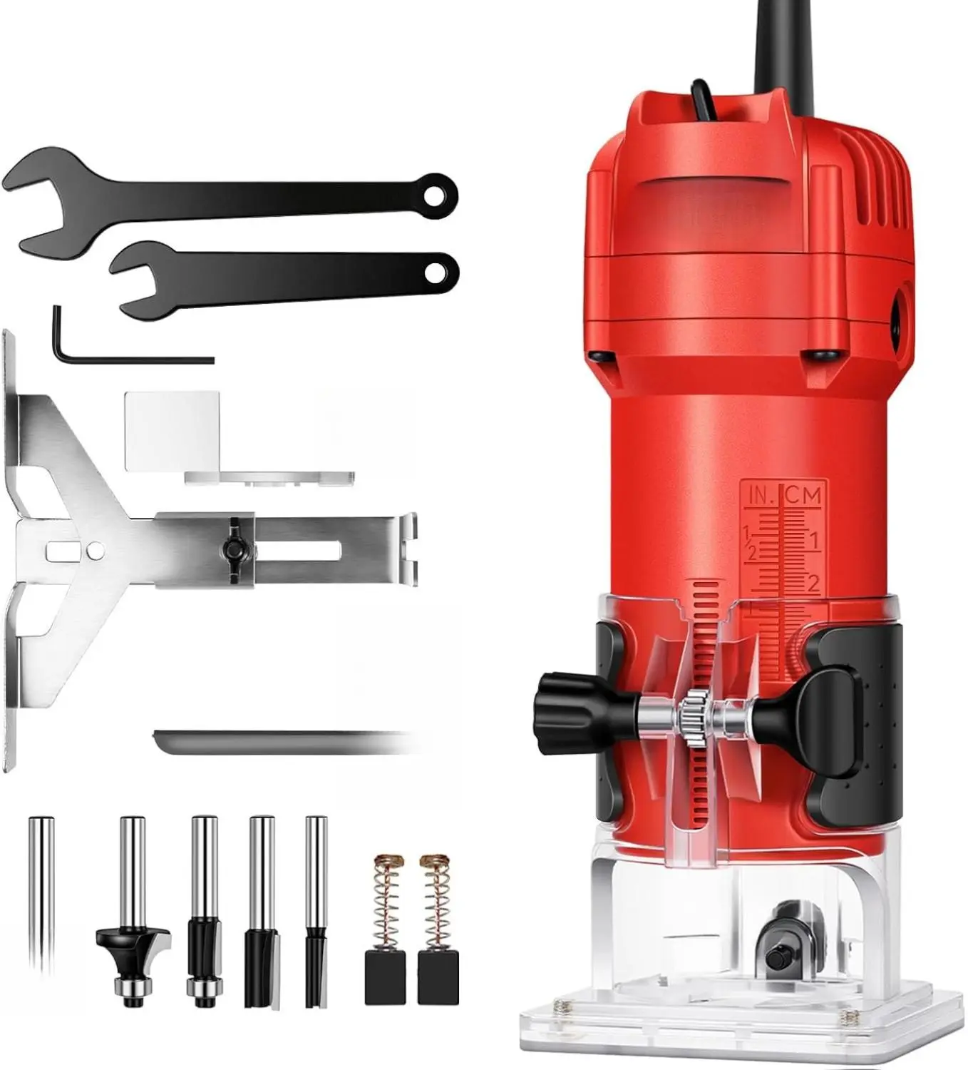 Avid Power 630W 5.3 Amp Wood Router Tool with Fixed Base 35,000 RPM 1/4” Collet 5 Trim Bits Straight & Roller Guide 2 Wrenches Carbon Brushes for Woodworking