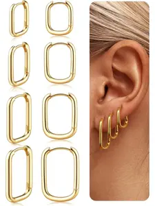 4 Pairs Hoop Earrings for Women 14K Gold Hypoallergenic Lightweight Chunky Silver/Gold Hoops Earrings Heart/Rectangle/Star Drop Earrings Set for Women Girls
