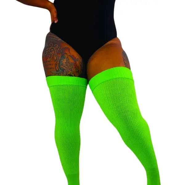 Thick Thigh Tribe Plus Size Thigh High Socks—striped & solid, cotton/acrylic blend with comfort straps. adjustable fit. Womenswear Elastic