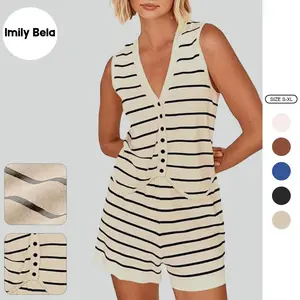 Imily Bela Women's 2-Piece Summer Striped Knit Lounge Set, Sleeveless V-Neck Top with Short Bottoms, Casual Women's Clothing Set