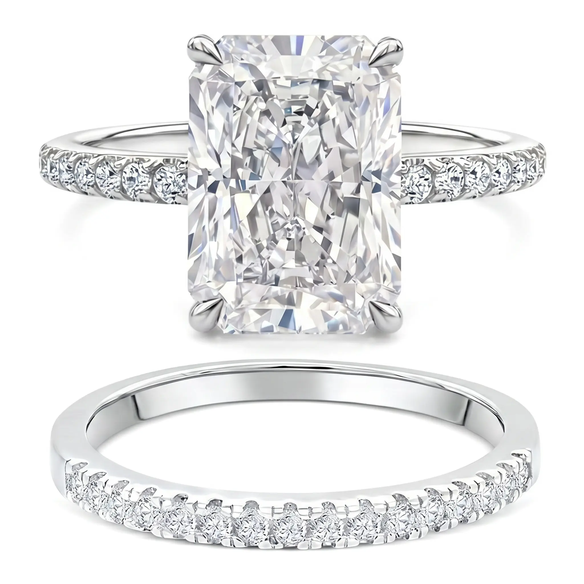 Women's Size 6-9 2-Pcs Stackable Radiant Rectangle Rings Set - Double Row Simulated Diamond Eternity Band, Elegant Costume Jewelry Gift #6 (size n6-n9)