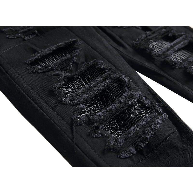 High Street Ripped Black Slim Fit Skinny Jeans for Men with Leather Patch and Stretch Men's Long Pants