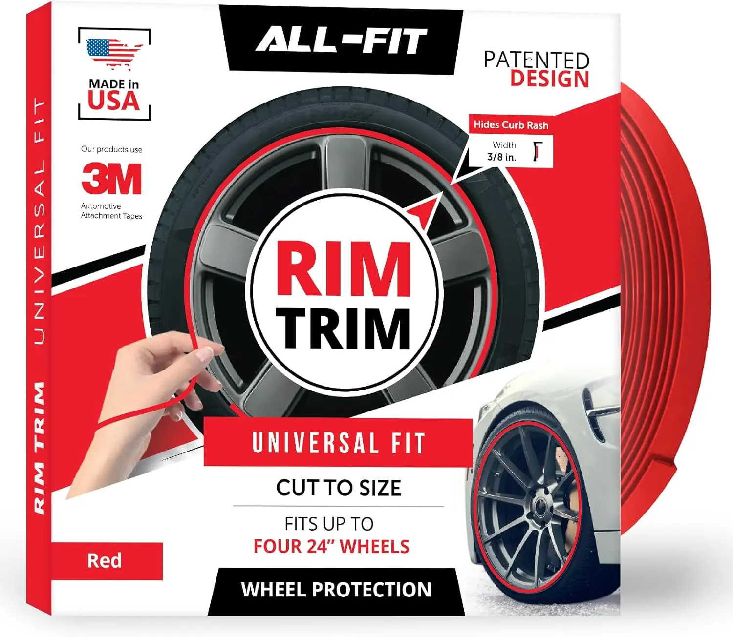 All-Fit Automotive 3/8" Width Wheel Rim Trim, Durable DIY Car Exterior Curb Rash Protector, Fits Up to 4 x 24" Wheels, Made in USA, Flexible Accessory