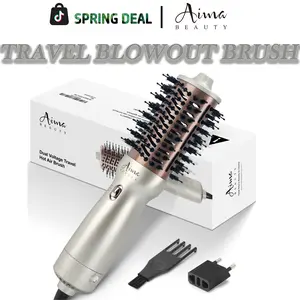 Aima Beauty Teavel Blowout Brush,4-in-1 Hot Air Brush, Straighting& Curingl Hair in One Step, Smooth Blowout Boost, Travel Friendly 4-in-1 Hair Dryer Brush for Smooth Blowout, Curling & Straightening, Dual Voltage Hair Straightener Curler Dryer