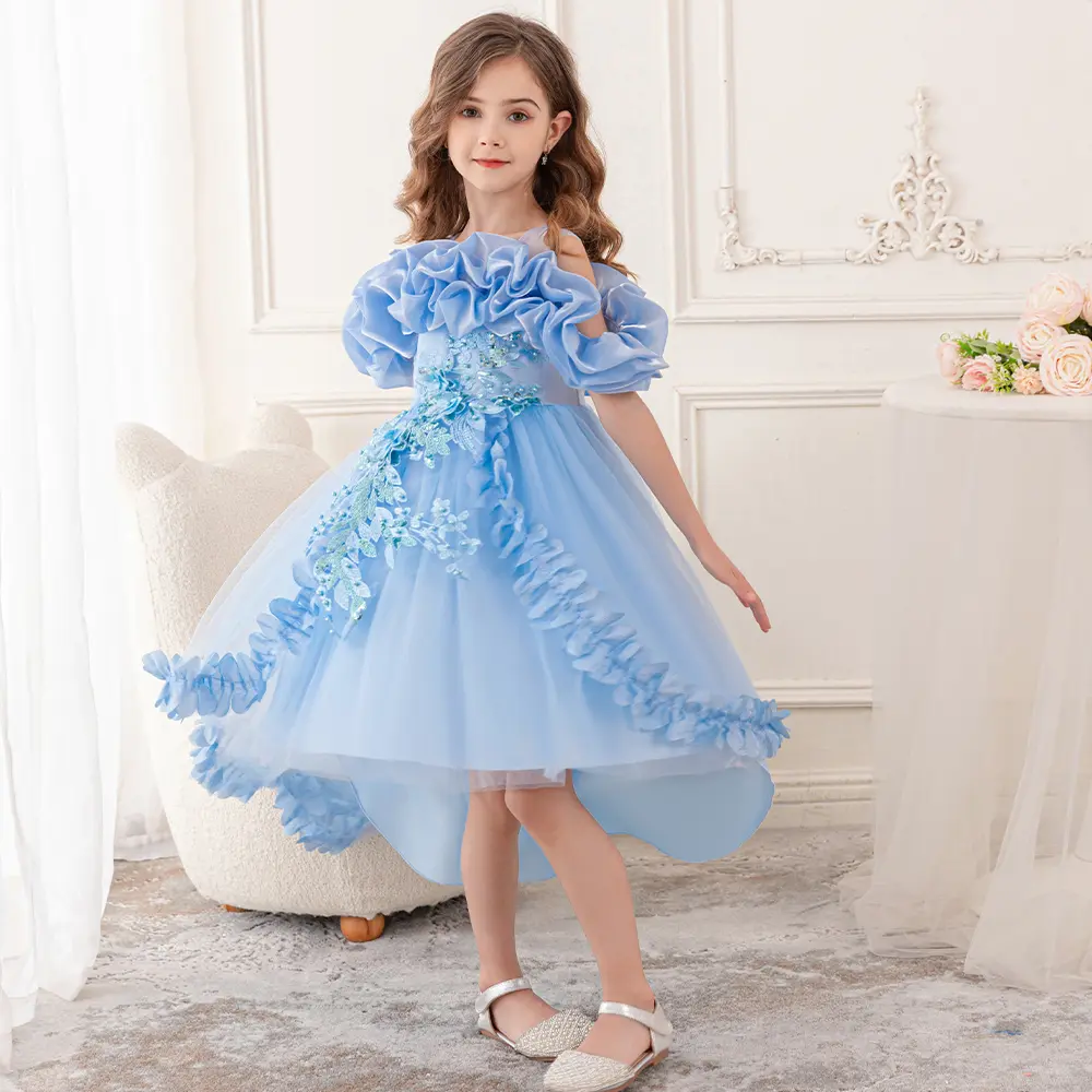 Girls' blue Princess Sleeveless Party Dress Puffy Tulle Flower Girl Gown for Wedding Birthday Party, Summer Girls' blue Princess Sleeveless Party Dress Puffy Tulle Flower Girl Gown for Wedding Birthday Party, Summer