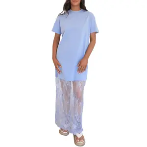Mntaor Women's Trendy Maxi Dress with Sheer Lace Hem Relaxed Drop Shoulder Flowy Short Sleeve Perfect for Street Style Casual Chic Weekend Vibes Summer Wear - Womenswear