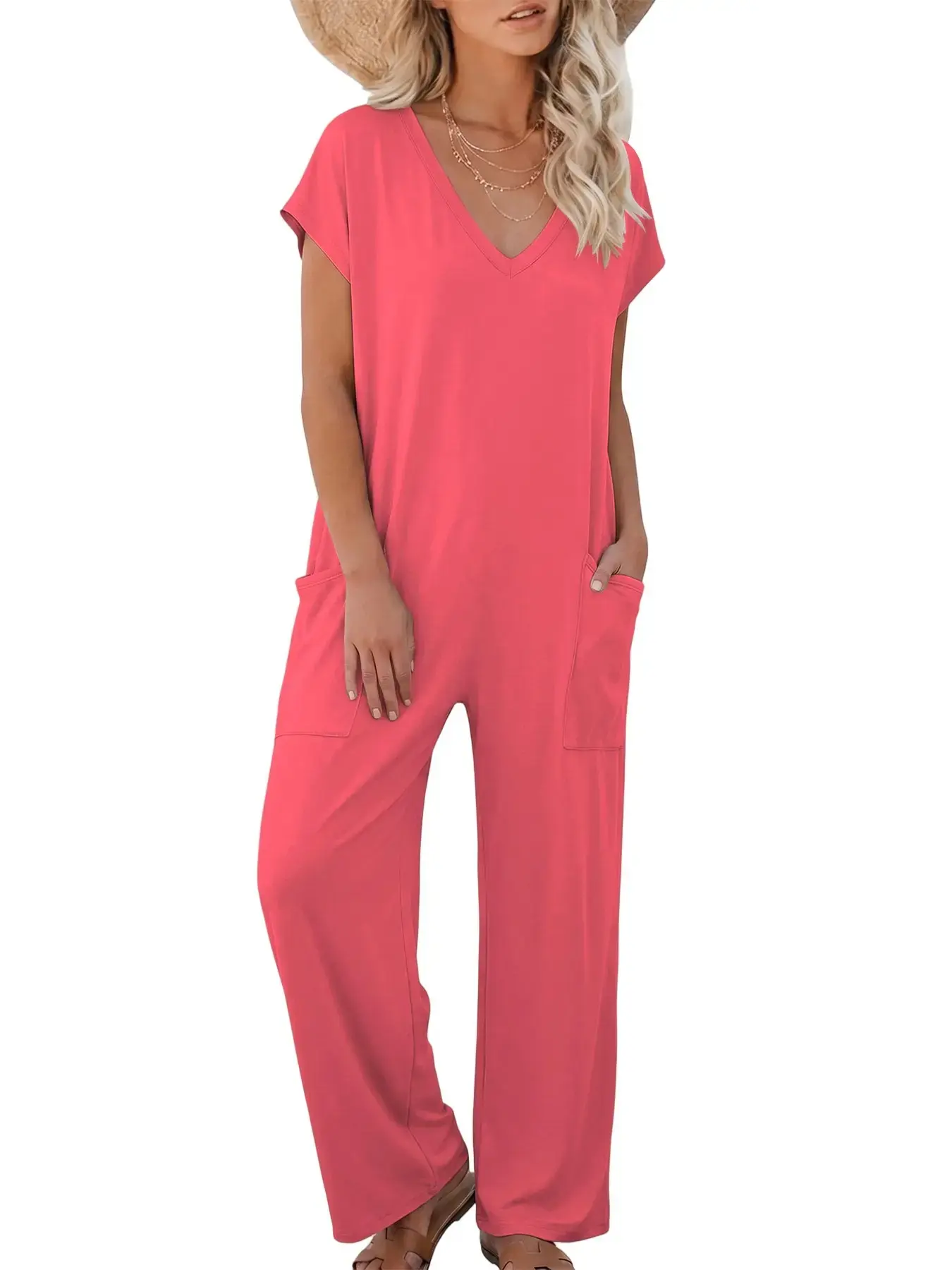 Women's Casual Jumpsuit, Short-Sleeve V-Neck, High Waist, Pockets, Long/regular, Plain Pattern, Soft, All Seasons, Stylish & Comfortable, Fashion