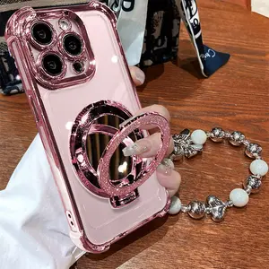 Women's Phone Case with Mirror & Stand for iPhone 11/12/13/14/15/16 Pro Max,14/15/16 Plus,X,&XS Max. Features a pink chrome alloy frame, high-definition transparent material, reinforced corner protection, and full-body drop-resistant design.