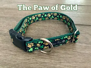 St Patrick’s Day Dog Collar with Shamrocks & Gold Paw Prints