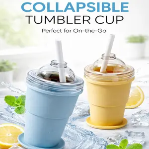 2-in-1 Collapsible Silicone Cup with 6cm Large Ice Ball Maker – Reusable Leak-Proof Travel Tumbler with Straw & Lid, Easy Demold Sphere Ice Mold for Whiskey, Coffee, Cocktails – Blue + Yellow