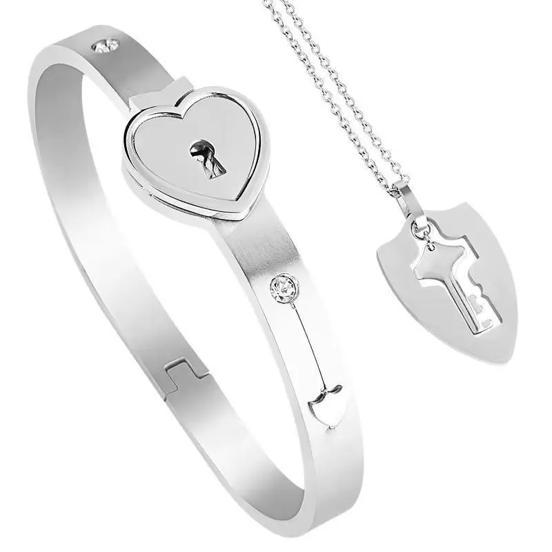 Heart lock couple bracelet Couple lock Interlock necklace bracelet lock key Birthday gift love lock Anniversary Auspicious Birthday Daily Engagement Wedding