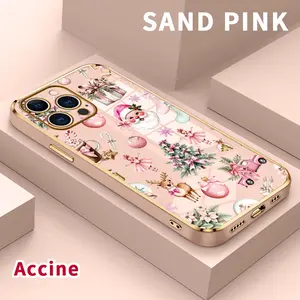 Electroplating Phone Case for iPhone 17 15 Pro Max 16 14 Plus 13 12 11  Pink Christmas Delight Patterned Classic Square Design Non Slip TPU Soft Shell