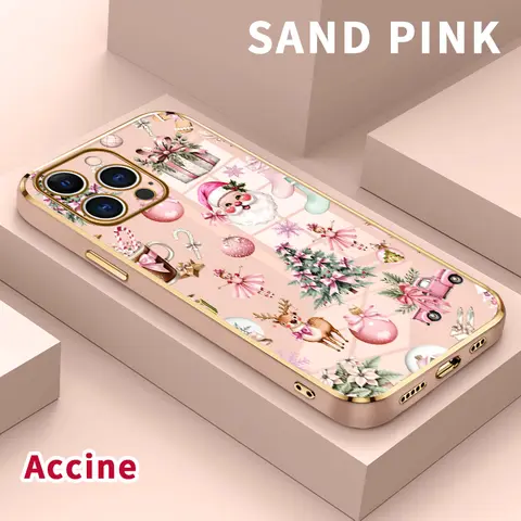 Metallic Electroplating Patterned Phone Case for iPhone 11,12,13,14 Plus,15 Pro Max,16,17 - Pink Christmas Delight Design, Classic Square Shape, Non-Slip TPU Soft Cover, Shock-Proof Durable Corrosion Resistant Protector (Electronics Accessory), Smartphone