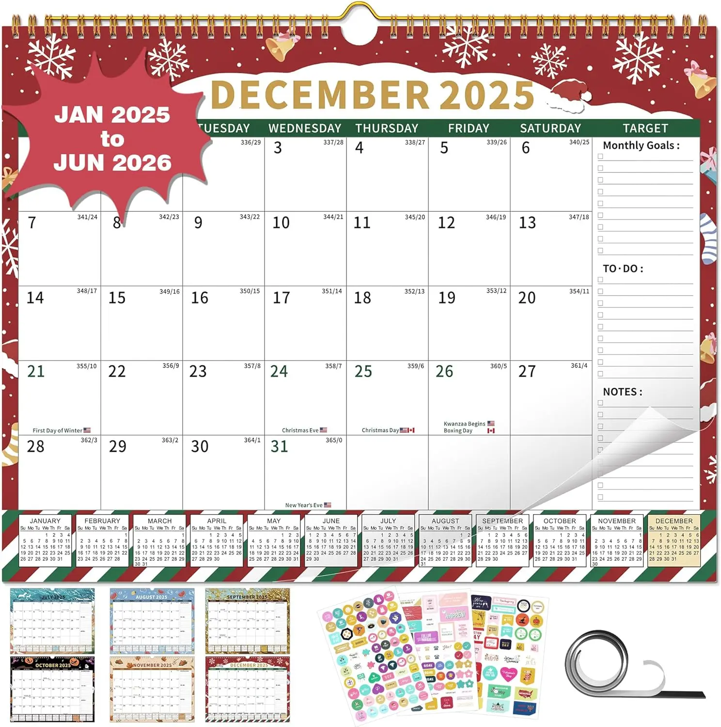 2025 Calendar, 18 Month Wall Calendar 2025-2026 Hanging Spiral Bound Magnetic Fridge Desk Calendars 15" x 12", Jan 2025 - Jun 2026