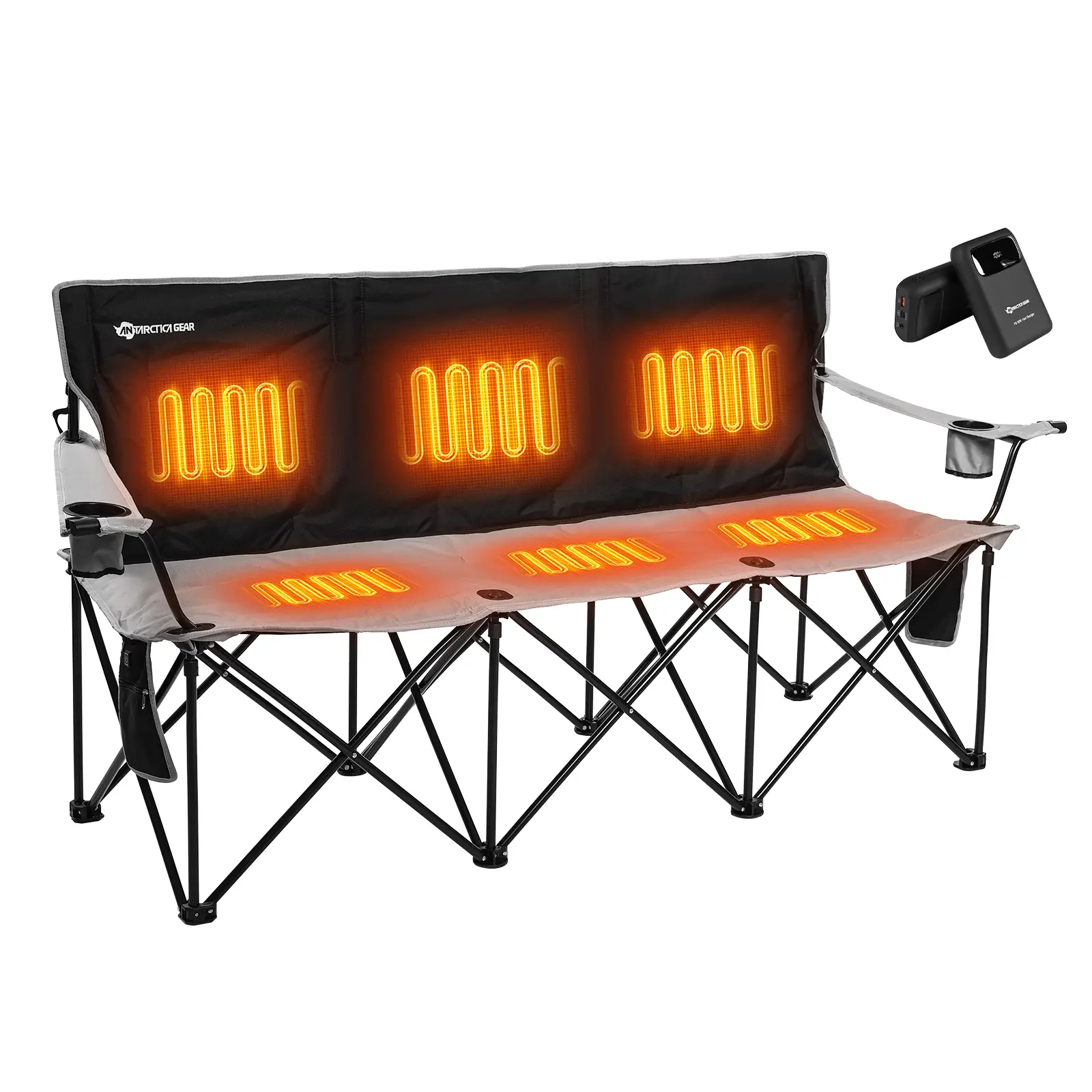 ANTARCTICA GEAR Heated Double Camping Chair with 12V 15000mAh Battery Pack - Heavy-Duty XL Folding Bench for Outdoor, Campsites, Tailgating - Portable Heated Seating with Adjustable Warmth