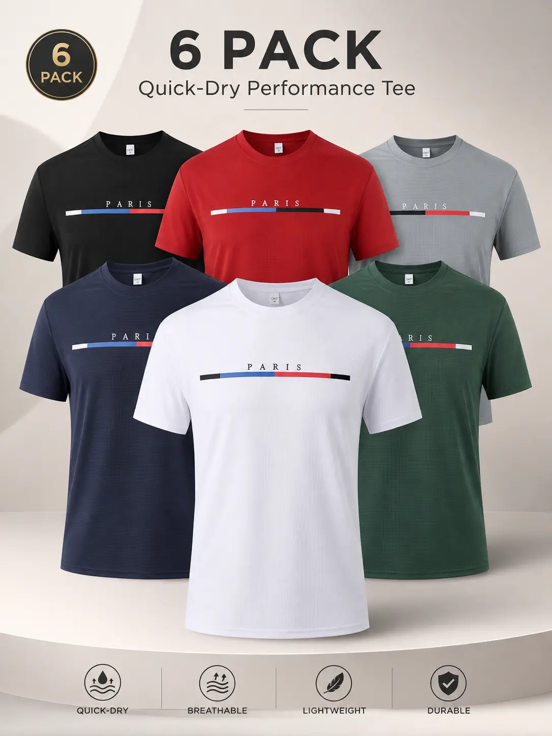 6-Pack Men's Performance Graphic T-Shirts, Quick Dry Moisture Wicking Micro Grid Crew Neck Tees, Sweat Concealing Printed Short Sleeve, Hydrophobic Anti-Shrink All Season Gym Workout Casual Shirts