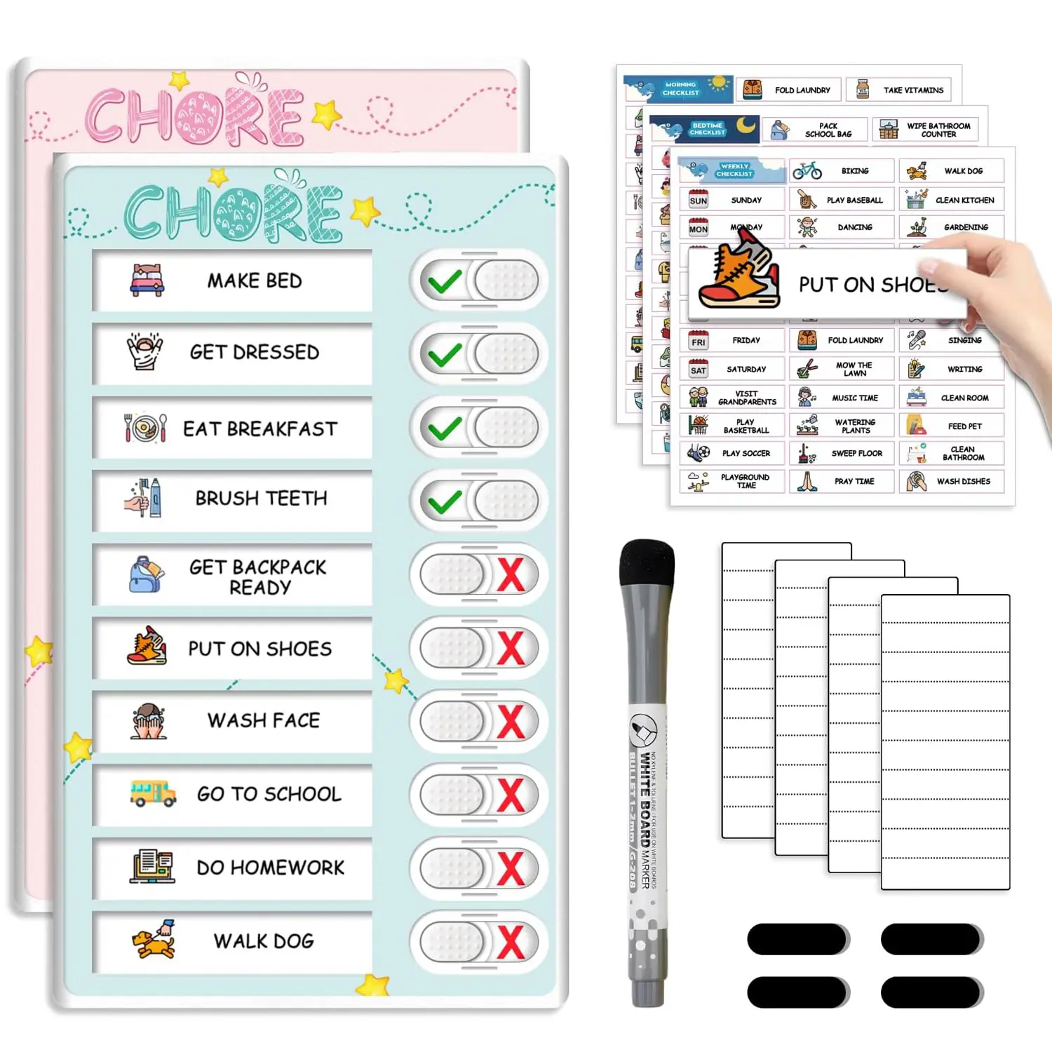 Dry Erase Kids Chore Chart for 2 Kids Pink and Blue - Magnetic Routine Chart with Slider Cute Design Stickers, Morning Bedtime Routine for Toddlers Visual Schedule with Autism