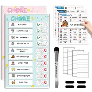 Dry Erase Kids Chore Chart for 2 Kids Pink and Blue - Magnetic Routine Chart with Slider Cute Design Stickers, Morning Bedtime Routine for Toddlers Visual Schedule with Autism