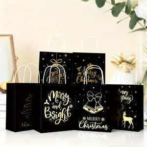 6-piece Set Gold-stamped Black Paper Gift Bags with Handles for Christmas Parties Holiday Events Retail and Shopping Use