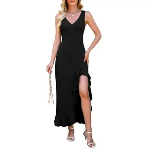 WEACZZY Women V Neck Sleeveless Backless Sexy Flowing Maxi Dress Casual Hem Bodycon High Slit Cocktail Party Long Dresses