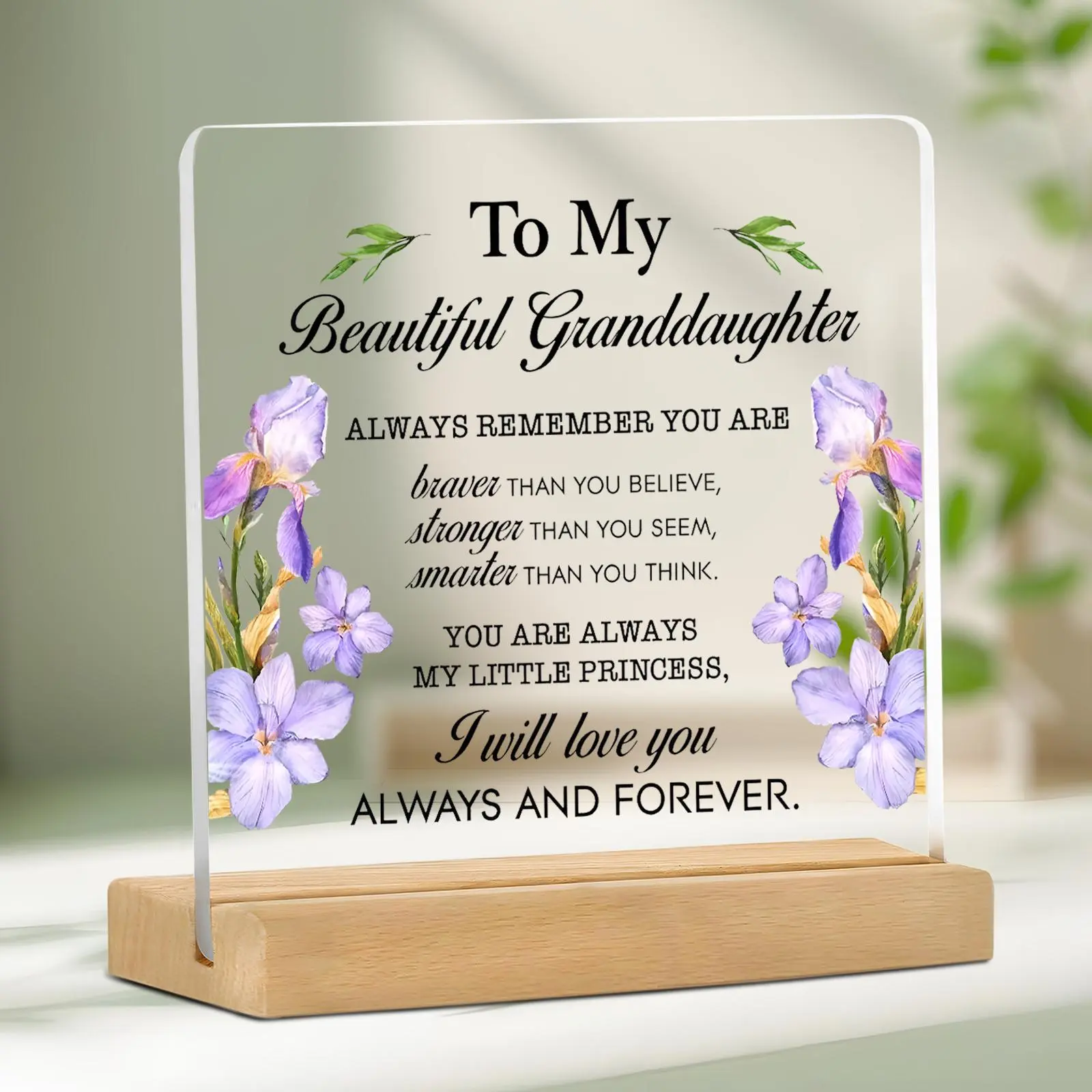 Acrylic Desktop Ornament with Wooden Base, 1 Count Flower Pattern To My Granddaughter Letter Desktop Decoration, Home Decor Supplies for Living Room, Acrylic Plaque Decor, Acrylic Plaque Sign