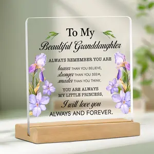 Acrylic Desktop Ornament with Wooden Base, 1 Count Flower Pattern To My Granddaughter Letter Desktop Decoration, Home Decor Supplies for Living Room, Acrylic Plaque Decor