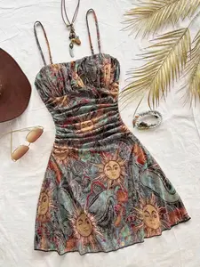 Women's Ethnic Print Halter Mini Dress, Summer Holiday & Festival Wear, Boho Style, Chic, Bust Pleated Design, Waist Gathered, Strapless, Bohemian