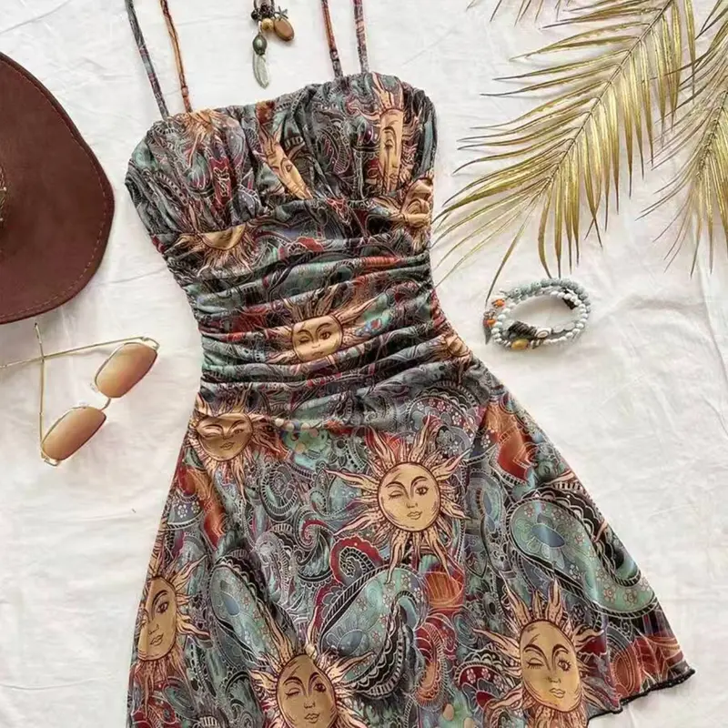 Women's Ethnic Print Halter Mini Dress, Summer Holiday & Festival Wear, Boho Style, Chic, Bust Pleated Design, Waist Gathered, Strapless, Bohemian, Womenswear, Boho Style Dresses
