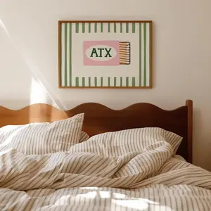 ATX Matchbook Print  Austin Texas Wall Art, Coastal Granddaughter Aesthetic, Green and pink Striped Poster, Preppy Wall Decor