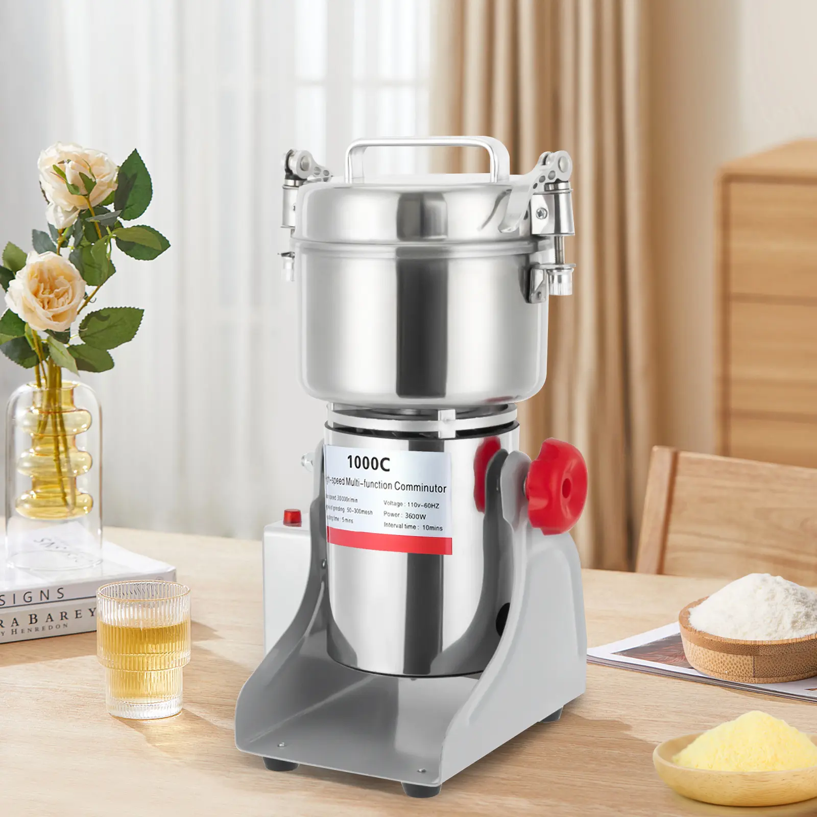 304 Stainless Steel Grain Grinder with 3600W All-Copper Motor, 2.2 lb Capacity, 1-5 Minute Timer, 50-300 Mesh Fine Grinding, Overload Protection, Easy Cleaning, Rubber Blades, Carbon Brushes, Aluminum Parts, 110V-60Hz for Home & Pharmacy Use, Cooling Fan