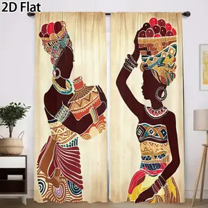 2D Flat 2Pcs African Woman Print Curtains, Ethnic Style Window Drapes for Living Room Bedroom Decor, Home Fashion, Privacy Protection, Darkening Energy Saving Treatment Translucent tube bag design