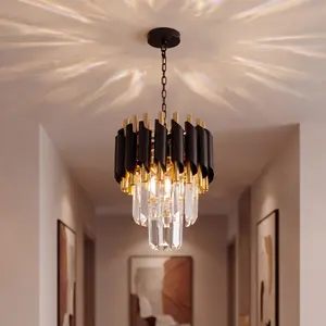 Modern Black and Gold Crystal Mini Chandelier, Tri Color Dimmable Adjustable Pendant Light Fixture, E27 Base Ceiling Light for Hallway Foyer Staircase Dining Room Kitchen Island Closet Balcony, Bulbs Not Included