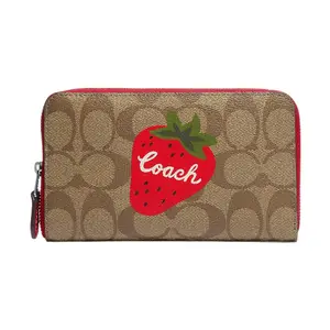 COACH Id Zip Wallet for Women – Medium Wild Strawberry Print Classic Monogram Canvas and Leather in Ebony and Red