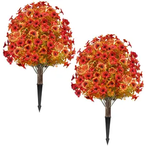2 Pack 25" Fall Artificial Mums Topiary Ball Trees with Ground Spike, UV Resistant Zero Maintenance and Easy Setup, Boxwood Ball with Orange Mums Flowers, Outdoor Porch Patio Entryway Fall Decor