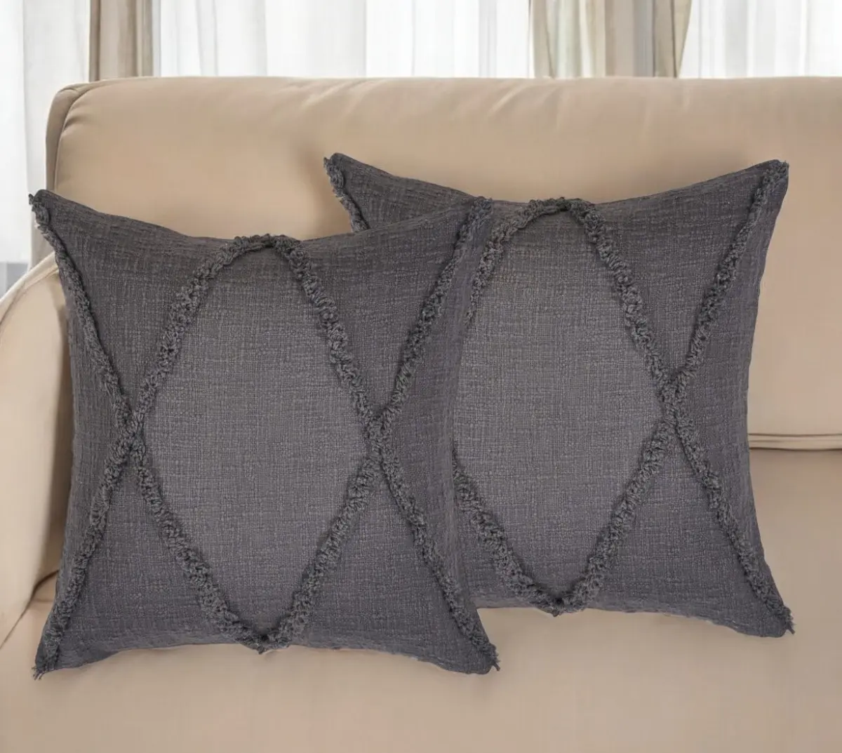 100% Cotton Cushion Covers (Set of 2) - 360 Stand, Dark Gray Diamond Shape Fringe Detail, Hand Woven, Coastal Look, Comfortable Soft Fabric, Handmade Textile for Bedroom, Comfortable Soft Cushion Covers