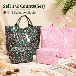 1/2 Counts (Set) Women's Fashion Stylish Leopard Pattern Glossy PVC Beach Tote Bag Set, Large Capacity Waterproof  Handbag, Makeup Pouch, Portable Lightweight Outdoor Travel Storage Organizer, Multifunctional Summer Pool Storage Pouch