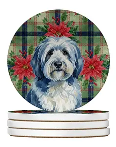 Carolines Treasures WDK8736RCS4 4 x 4 in. Blue & White Old English Sheepdog Christmas Poinsettias Large Sandstone Coasters, Pack of 4