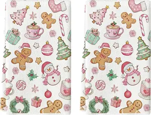 Pink Snowman Xmas Tree Gingerbread Christmas Kitchen Towels Dish Towels, 16x24 Inch Farmhouse Candy Winter Decoration Cleaning Set of 2