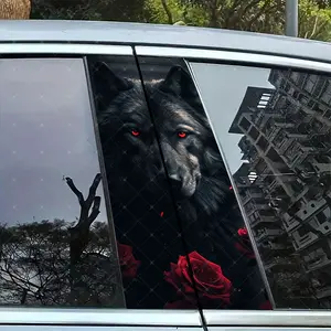 2pc Wolf Rose Vinyl Sticker Car B-Pillar Protector, Car Decals, Easy Peel & Stick, Sunproof Waterproof Scratch-Resistant, Fits All Cars, Car Exterior Decoration