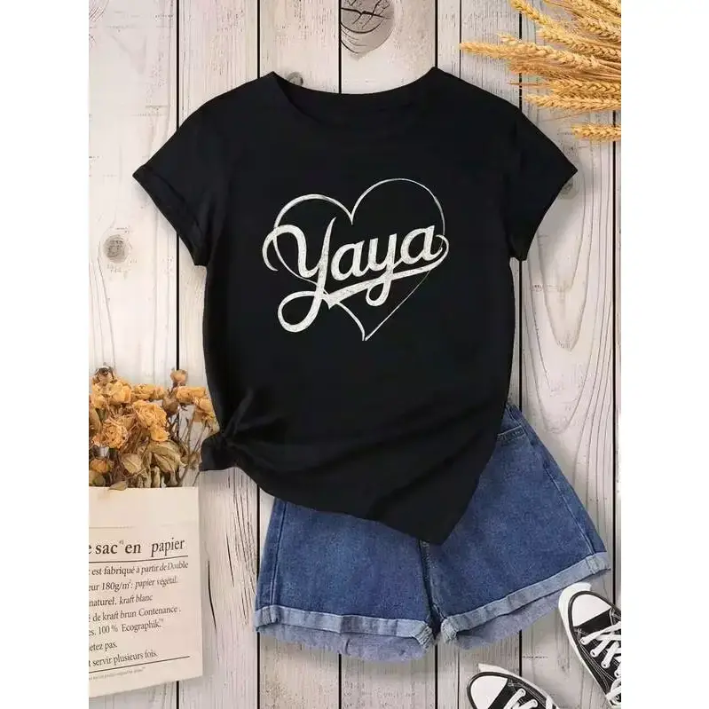Women's Yaya Print Short-Sleeve Crew Neck Cotton T-Shirt - Geometric Heart Design, Medium Stretch, Dark Grey with Light Beige Lettering, Lightweight, Breathable Tops for Casual Wear, Shortsleeve