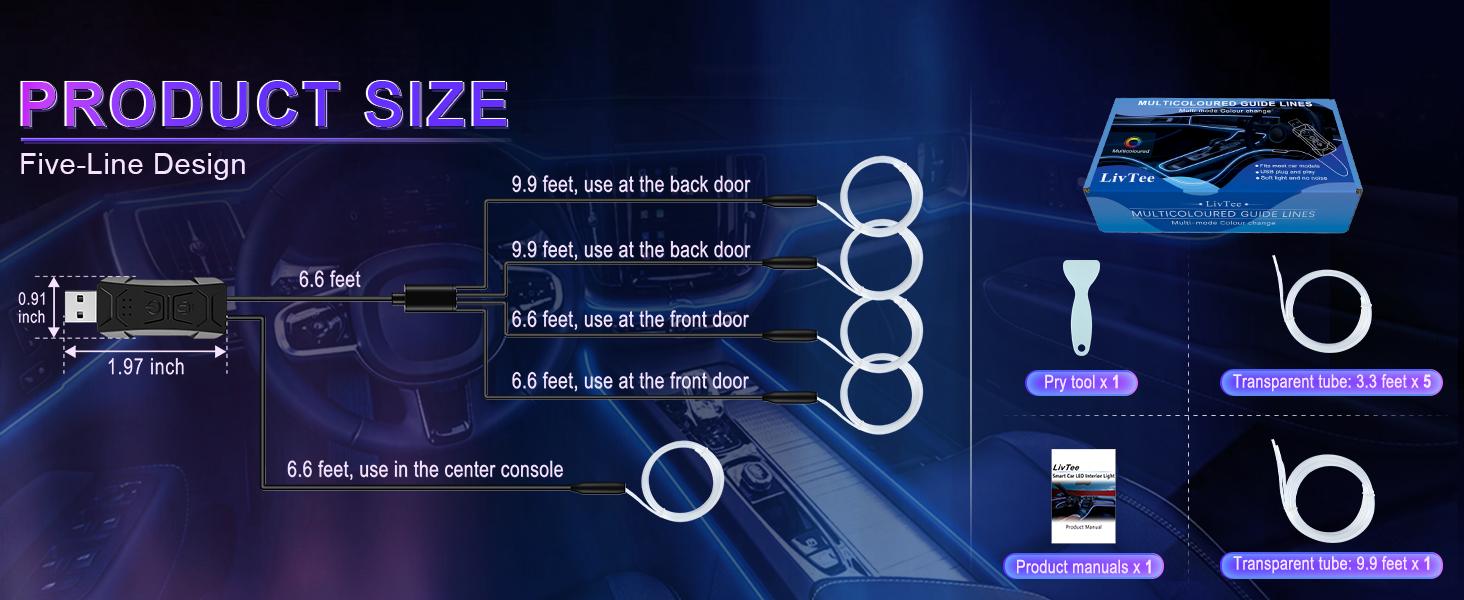 LivTee Smart Car LED Interior Lights with USB Port, LED Strip Fiber Optic Lights, Wireless App Control, Sync to Music, Car Accessories Gifts for Women and Men, 5 in 1