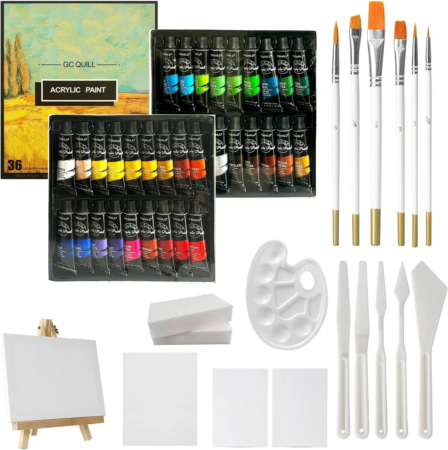 GC QUILL 36 Acrylic Paint Set - 54pcs Painting Supplies with 36 * 12ml Tubes, Paint Brushes, Palette Knives, Canvas, Easel, Sponge, Palette for Artist Painting on Wood, Ceramics, Fabric, Crafts