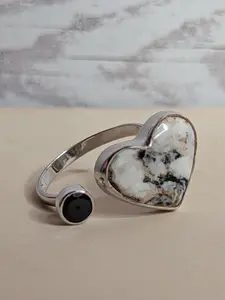 White Buffalo Heart & Circle Shaped Black Onyx Sterling Silver Adjustable Ring