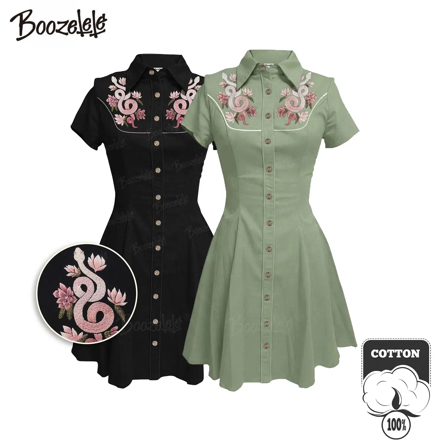 BOOZELELE Women's Casual Western Cowboy Shirt Dress, 100% Cotton Short Sleeve Button-Down with Floral Snake Embroidery, Shortsleeve, Lady, Western Ootd, Cowboy Aesthetic, Classic Western Casual Dresses